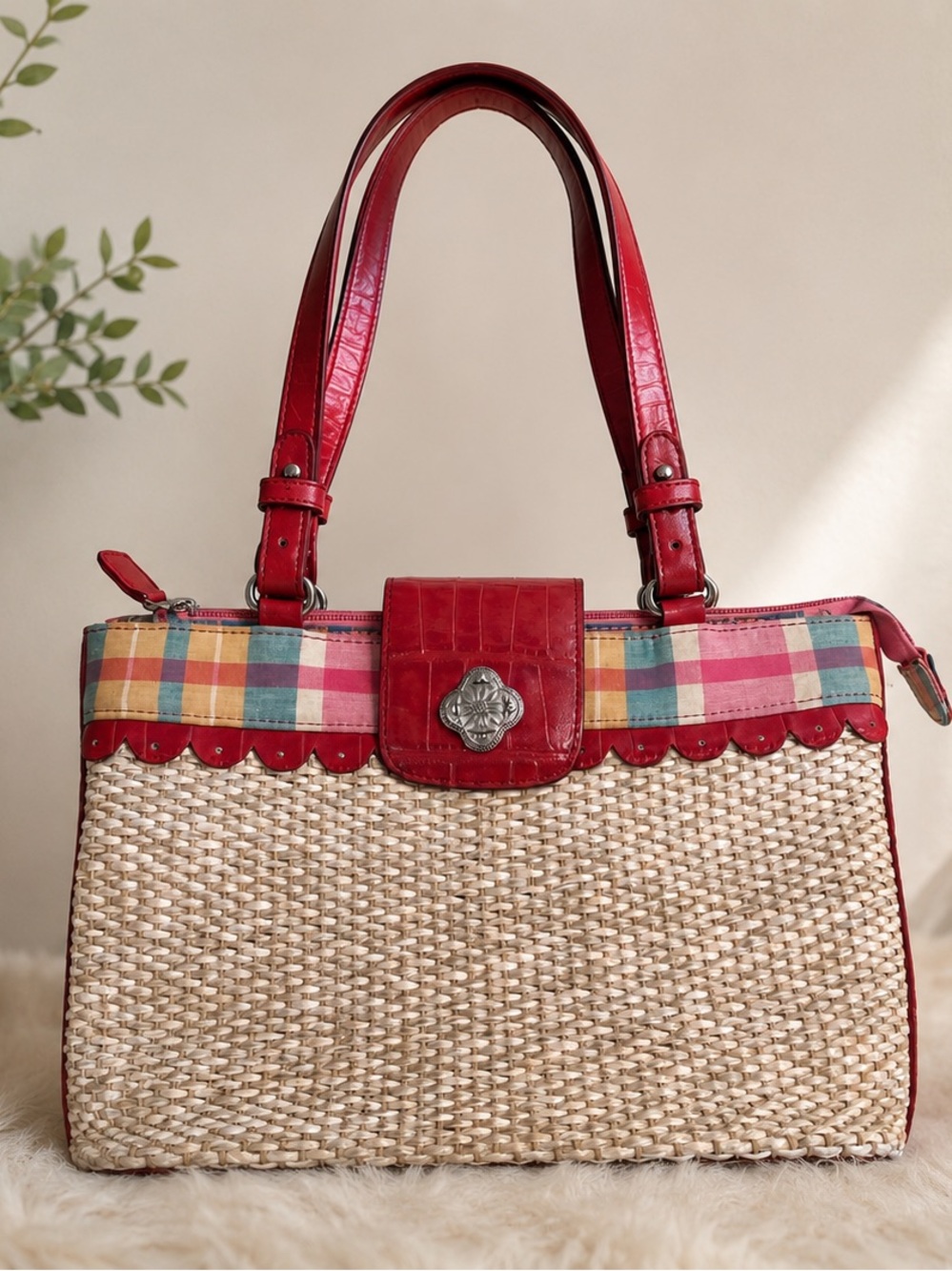 Marc Chantal Raffia Straw Tote Plaid Trim Y2K Coastal Purse